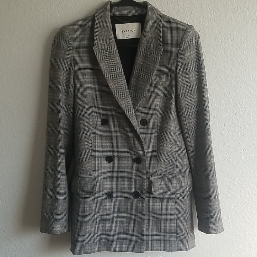 Aritzia Plaid Double-Breasted Gray Blazer